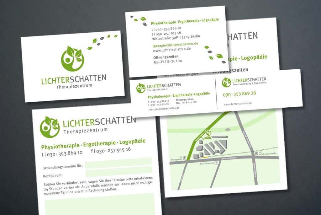 Die neuen Geschäftspapiere, Schilder, Terminkarte und Anfahrtskarte von Lichterschatten.