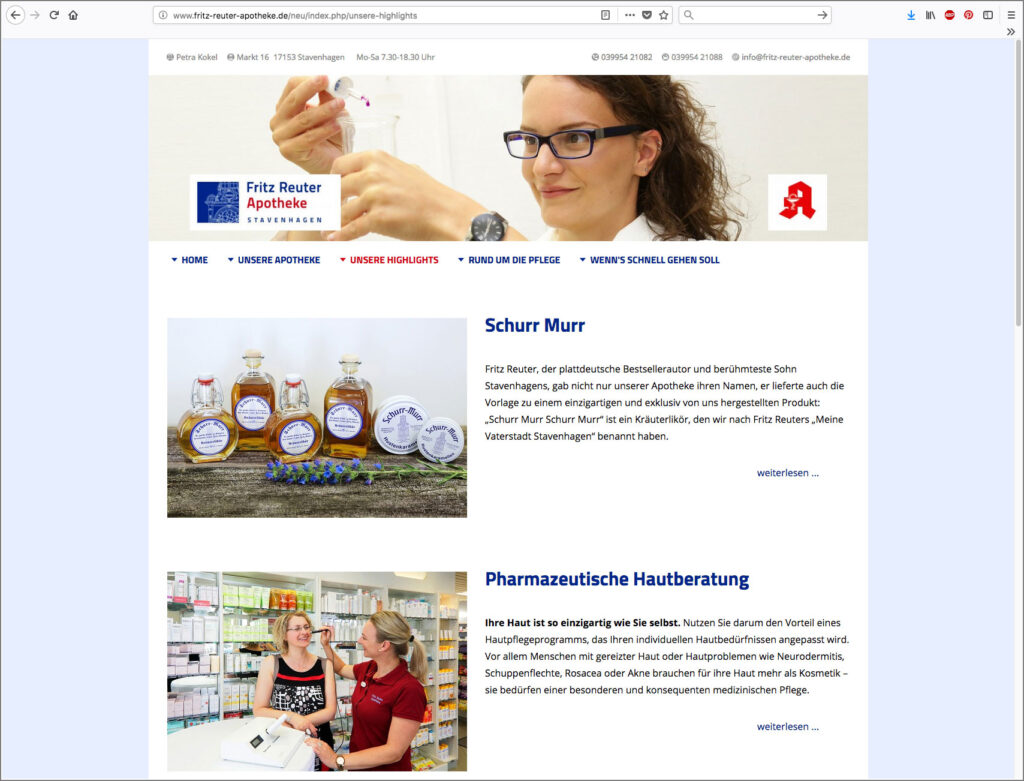 Screenshot der Startseite von fritz-reuter-apotheke.de, Uta Tietze, Kommunikationsdesign