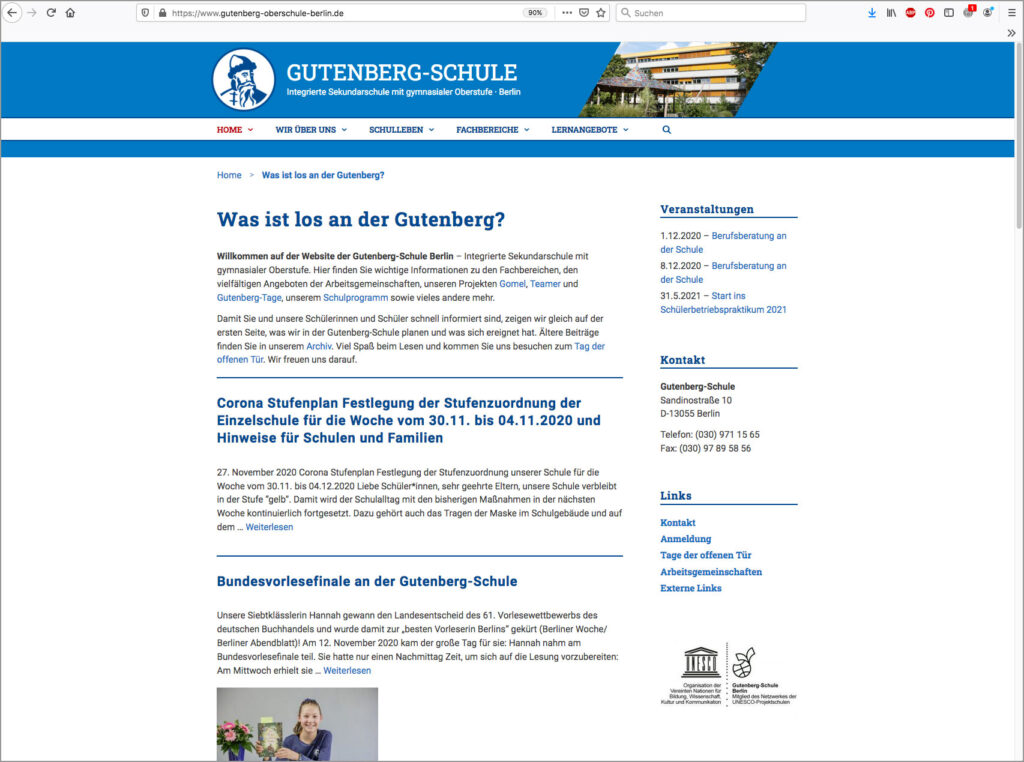 Screenshot der Startseite von gutenberg-oberschule-berlin, Uta Tietze, Kommunikationsdesign